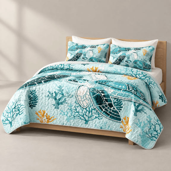 Blue King Size Sea Turtle Microfiber Quilt Bedding Set with Pillowcases