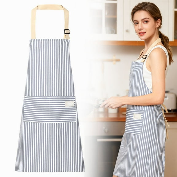 Blue Kitchen Apron 72x65cm Cotton Linen Work Apron with Adjustable Strap and Pockets, Water Repellent Chef Bib Apron for Cooking, Baking, BBQ, Restaurant, Home Use
