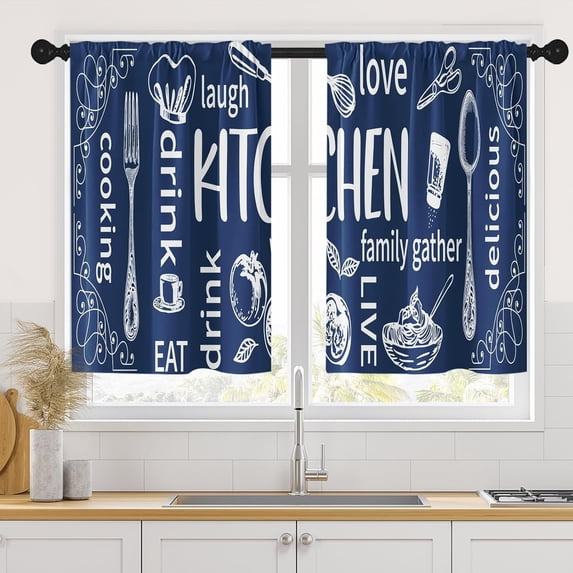 Blue Kitchen Curtains 36 Inch Length Modern Window Curtains Over Sink Set of 2, White Kitchen Doodle Short Tier Curtain for Kitchen, Abstract Art Small Kitchen Decor