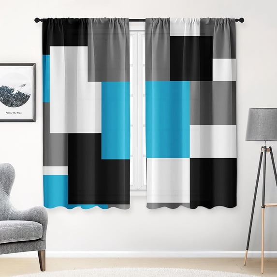 Blue Kitchen Curtains 63 Inch Length Geometric Window Curtains Over Sink Set of 2, Black Grey White Curtain for Bedroom Living Room, Modern Abstract Kitchen Decor 42x63 Inch