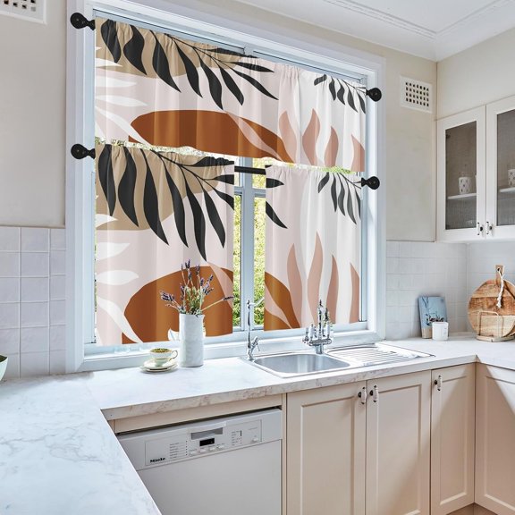 Blue Kitchen Curtains Grey Window Curtains Valance and Tier Set 36 Inch, Modern Rod Pocket Short Tier Curtain, Abstract Art Small Cafe Curtains for Kitchen Decor