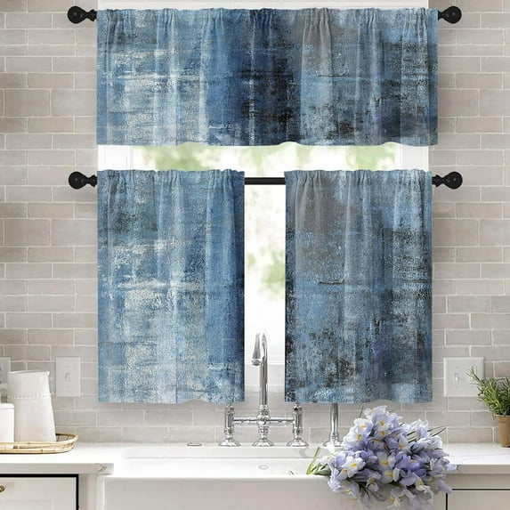 Blue Kitchen Curtains Grey Window Curtains Valance and Tier Set 36 Inch, Modern Rod Pocket Short Tier Curtain, Abstract Art Small Cafe Curtains for Kitchen Decor