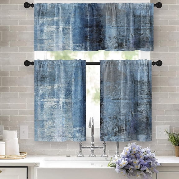 Blue Kitchen Curtains Grey Window Curtains Valance and Tier Set, Modern Rod Pocket Short Tier Curtain, Abstract Art Small Cafe Curtains for Kitchen Decor 52" x 24"