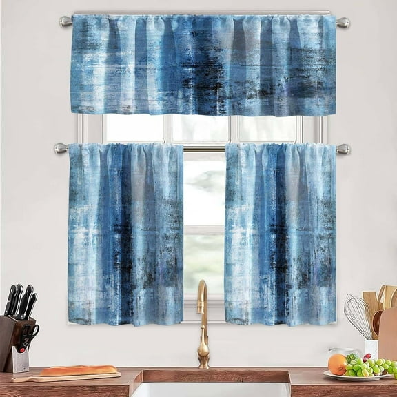 Blue Kitchen Curtains Tiers and Valances Set 3 Piece for Windows Grey Kitchen Window Curtains Set,Modern Abstract Art Valances for Living Room(36" Tiers Set)