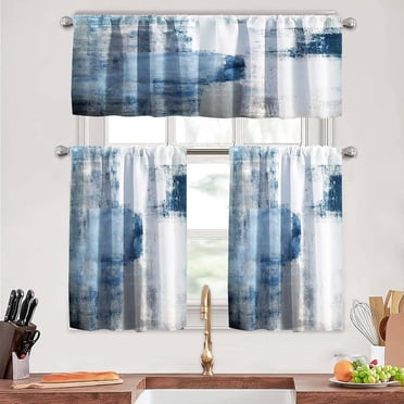 Blue Kitchen Curtains With White Leaf Pattern - 36 Inch Tier Curtains For Small Windows (2 Panels)