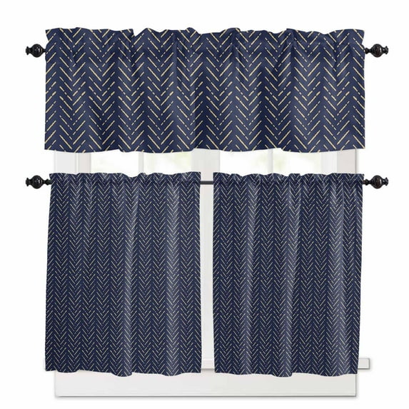 Blue and Kitchen Curtains Valance and Tier Set 3 Pieces,Yellow Striped Geometric Small Window Curtains Set, 36 Inches Length Rod Pocket Short Window Treatment Tiers For Bathroom Cafe