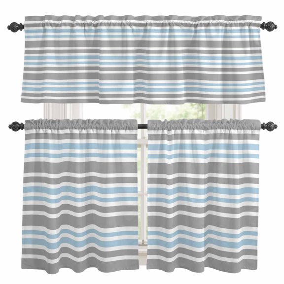 Blue and Kitchen Curtains Valances and Tiers Set of 3 Gray Stripe Abstract Minimalist Modern Art Tier Curtains and Valance with Rod Pocket for Small Windows, 27.5"x24"