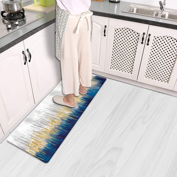 Blue Kitchen Floor Mat Runner Rug PVC Leather Waterproof Non Slip Cushioned Floor Mats Kitchen Comfort Mat for Floor Sink Laundry Office 17" x 47" Abstract Blue Grey Gold Art Painting