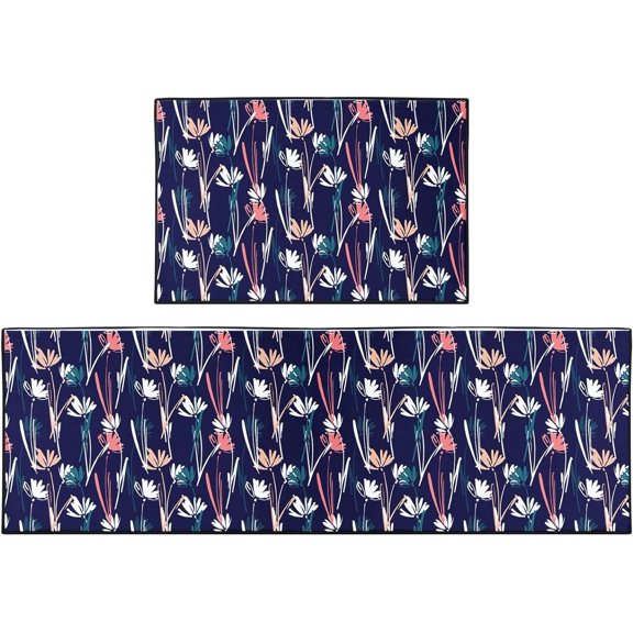 Blue Kitchen Mat Herbs Flower Kitchen Rugs Sets of 2, Non-Slip Botanical Floral Kitchen Floor Mats for in Front of Sink Kitchen Decor for Dining Room, Floor Home, Office, Sink, Laundry