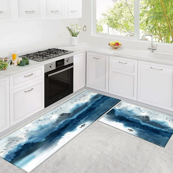 Blue Kitchen Rug Mountain Kitchen Mats for Floor 2 Piece, Anti Fatigue Floor Mat for Kitchen, Kitchen Floor Mats for in Front of Sink and Kitchen Matt for Standing for Kitchen Decor 17"X30"+17"X47"