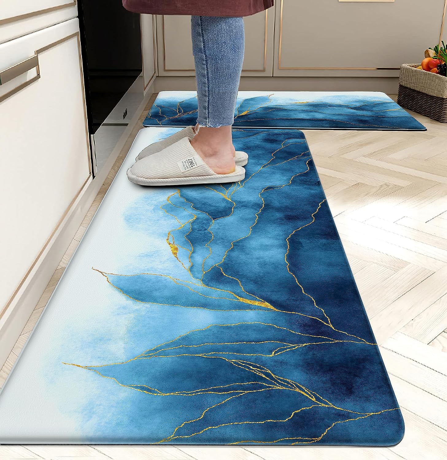 Blue Kitchen Rugs Gold Stripes Modern Ink Art Decor Kitchen Floor Mat Cushioned Memory Padded