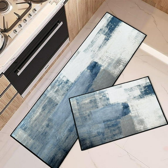 Blue Kitchen Rugs and Mats Non Skid Washable Set of 2, Grey White Modern Abstract Kitchen Mats for Floor, Geometric Painting Graffiti Art Decor Kitchen Runner Rug