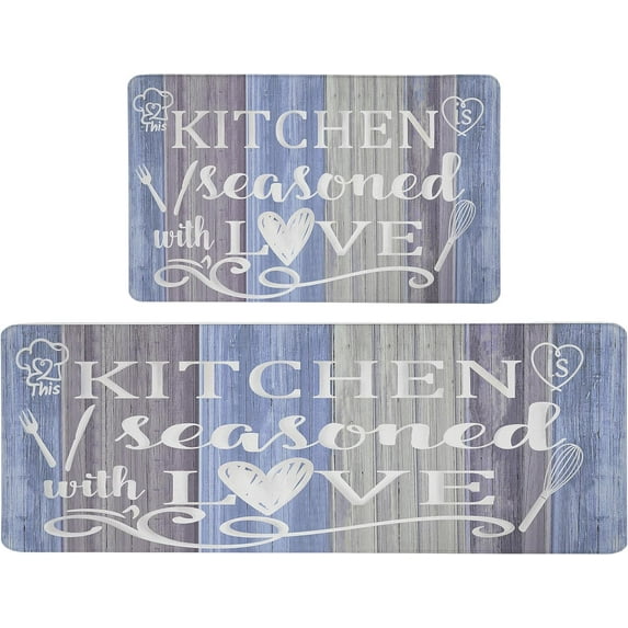 Blue Kitchen Rugs Set of 2 Anti Fatigue Cushioned Kitchen Floor Mats 2/5 Inch Non-Slip Waterproof Foam Kitchen Mat Farmhouse Rustic Comfort Standing Mat for Kitchen Sink, 17.3x28+17.3x47 inch