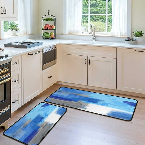 Blue Kitchen Rugs Set of 2 - Kitchen Floor Mats Non-Slip Backing - Kitchen Mat Washable Doormat Runner Rug Set for Home Accessories and Decor 17x47.2 and 17x30 inches.