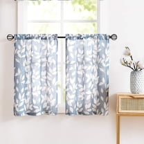 Blue Kitchen Tier Curtains 24" Short White Leaf Print Café Curtains for Small Windows 2 Panels