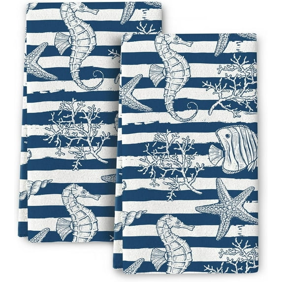 Blue Kitchen Towels Decorative set of 2, Soft Absorbent Reusable Dish towels for Kitchen Drying,Tea Towels for Baking Cooking Dishcloth Farmhouse Sea Coral Seahorse Nautical Hand Towels Set 16"x24"