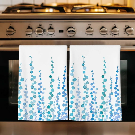 Blue Kitchen Towels Set of 2, Polka Dots Watercolor Abstract Art Absorbent Dish Towels for Kitchen, Microfiber Hand Towel, Quick Drying Tea Towel for Cleaning Decorative Dishcloths