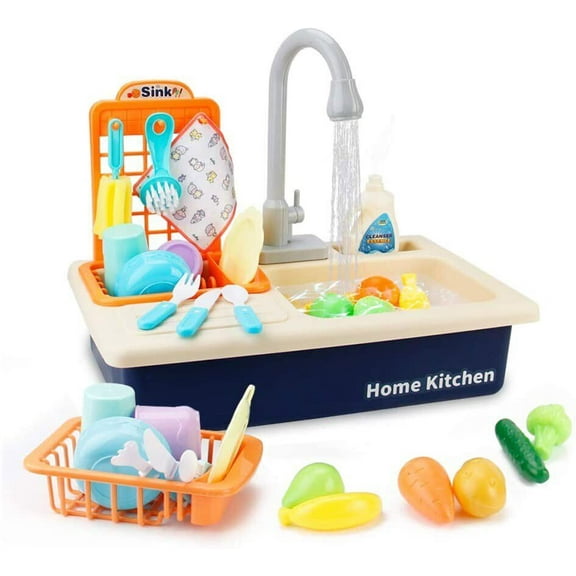 Blue Kitchen Toy Sink Running Water with Faucet Electric Dishwasher,Automatic Water Cycle System Pretend Role Play Kitchen Toys Set for Boys Girls Toddlers