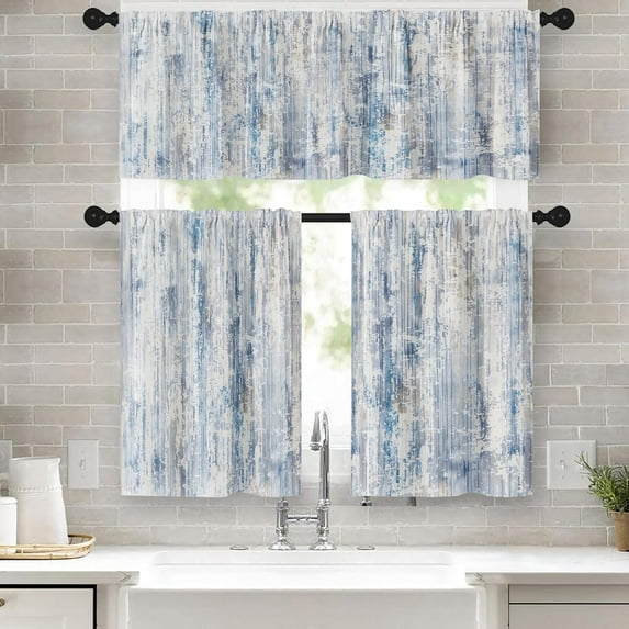Blue Kitchen Window Curtains Valance and Tier Set 36 Inch, Abstract Painting Vintage Rod Pocket Short Tier Curtain for Bathroom, Modern Small Cafe Drapes for Kitchen Decor