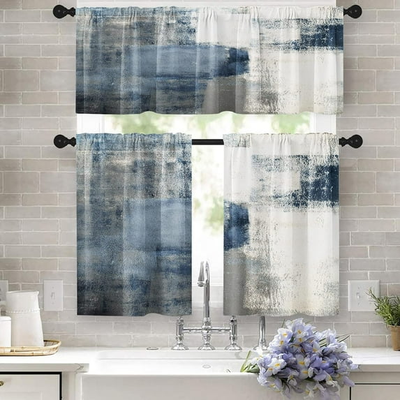 Blue Kitchen Window Curtains Valance and Tier Set 36 Inch, Grey White 3 Piece Set Rod Pocket Short Curtains for Window, Modern Abstract Art Window Treatment Tiers for Living Room Bedroom