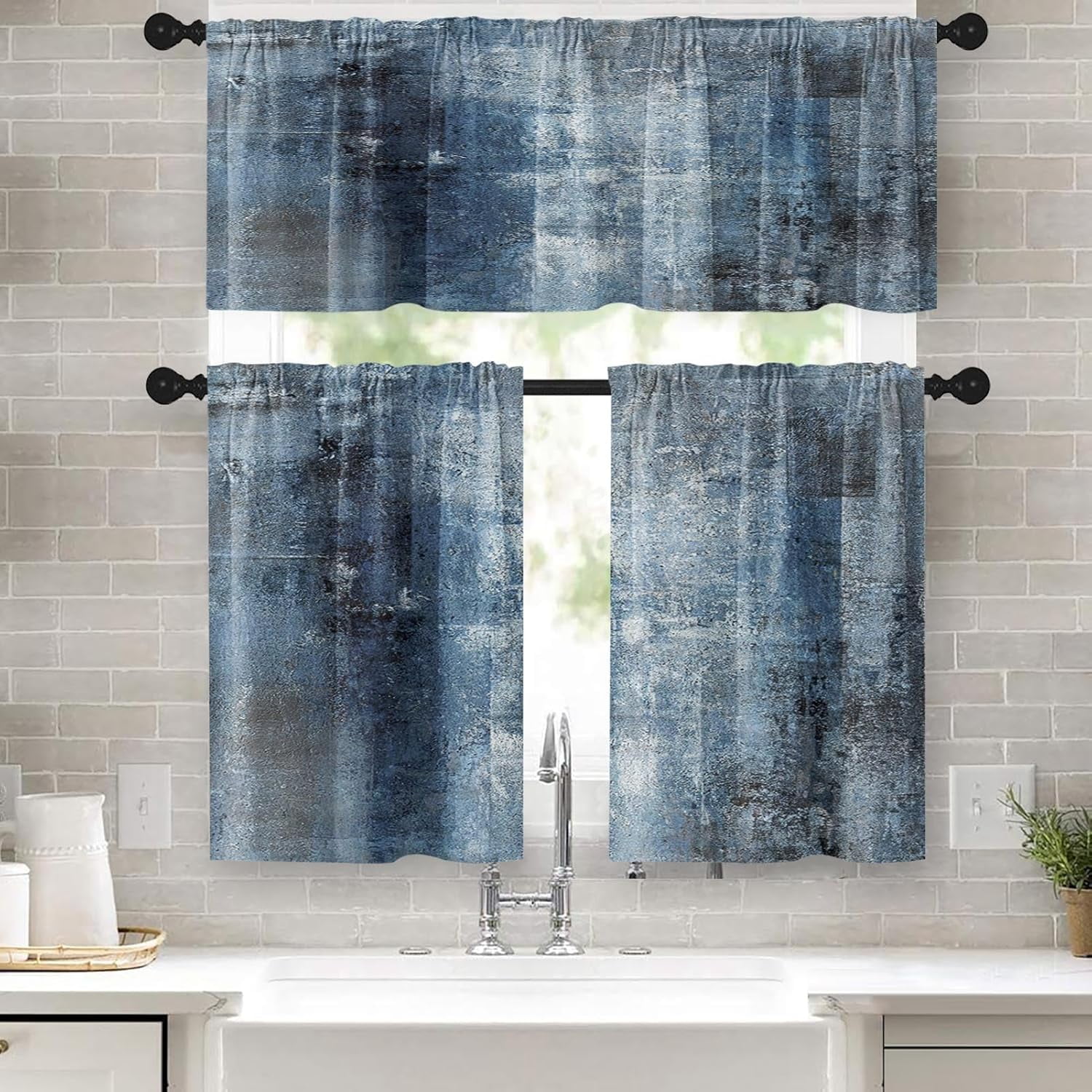 Blue Kitchen Window Curtains Valance and Tier Set, Grey Modern Rod ...