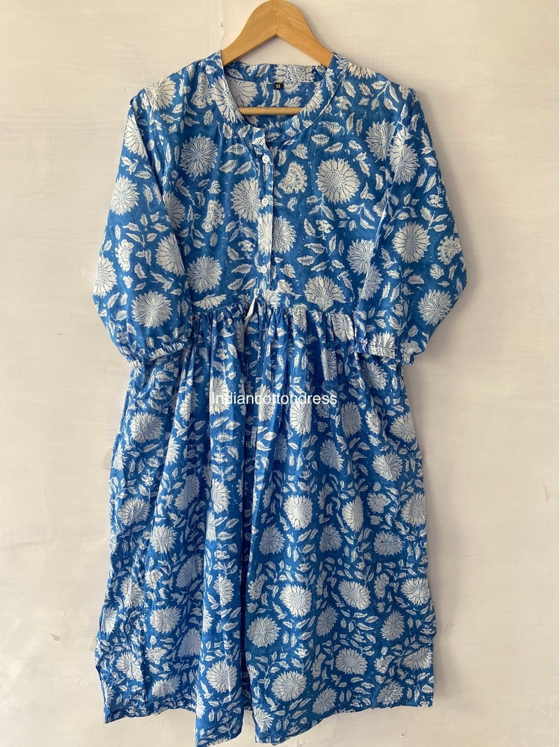 handmade cotton dresses Ethnic Traders Blue Kitty Printed Dress Handblock Print Dress, Block Print Dress, Cotton Dress, Handmade Dresses, Pure Cotton Dresses, Women's, Size: