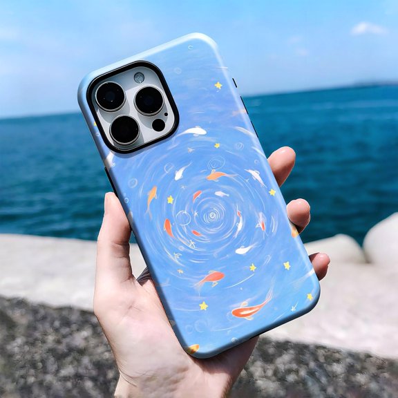 Blue Koi Fish Orange White Fish Tough Phone Case, Dual-Layer Protective Cover for iPhone