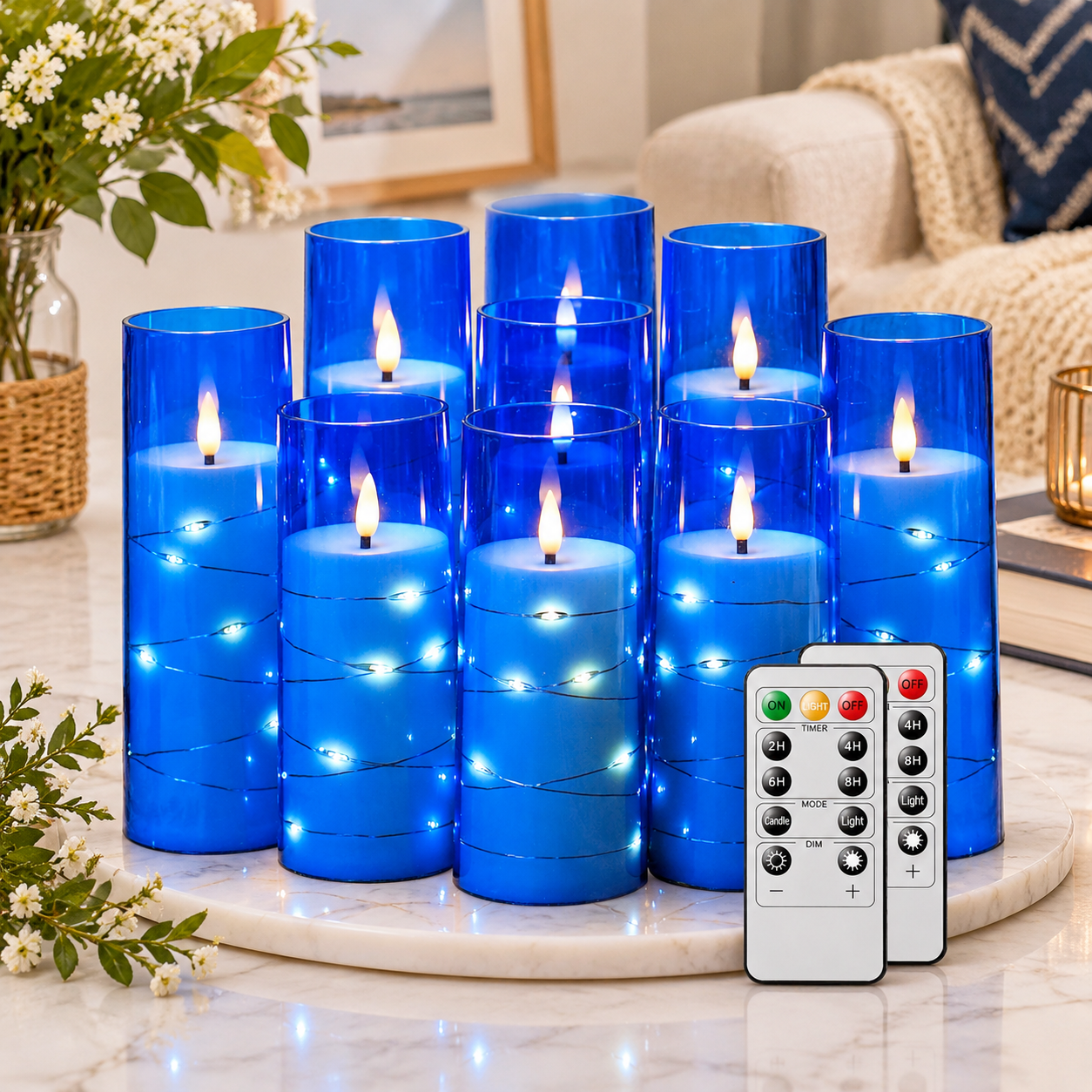 Skip Remote Operating Blue LED Candles Set of 9 with Remote, Star String Detailing, Operated ...