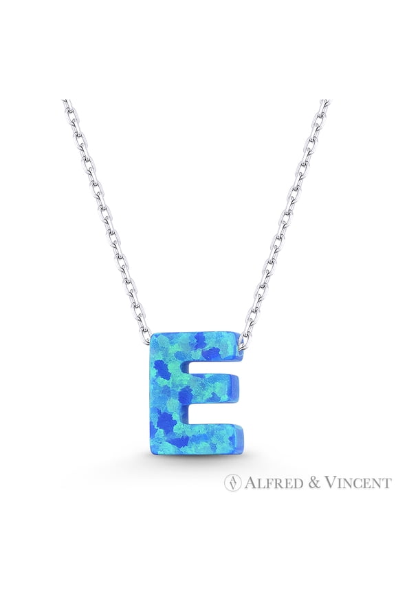 Blue Lab Opal Initial "E" Pendant w/ Anchor Chain Necklace in .925 Sterling Silver