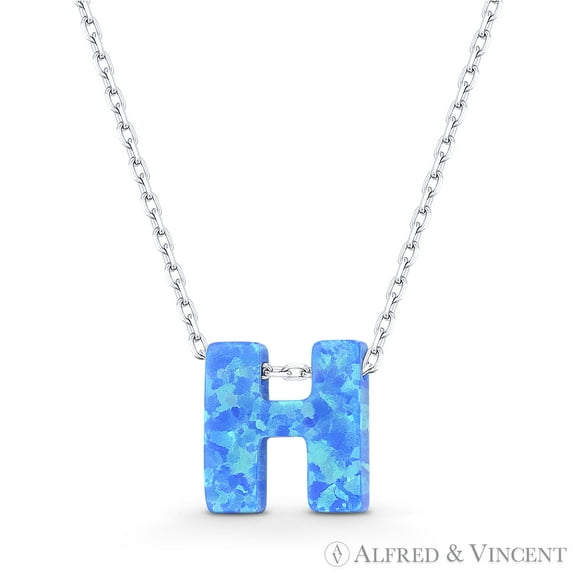 Blue Lab Opal Initial "H" Pendant w/ Anchor Chain Necklace in .925 Sterling Silver
