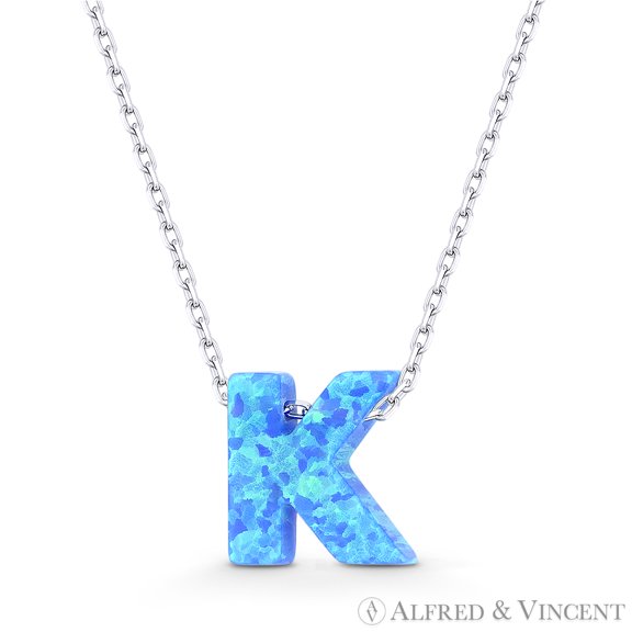 Blue Lab Opal Initial "K" Pendant w/ Anchor Chain Necklace in .925 Sterling Silver