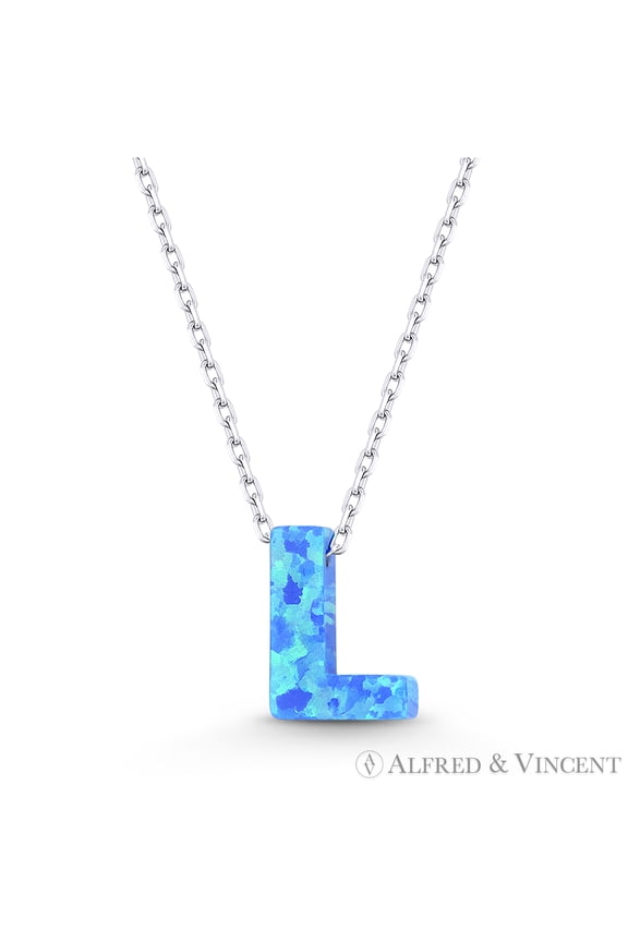 Blue Lab Opal Initial "L" Pendant w/ Anchor Chain Necklace in .925 Sterling Silver