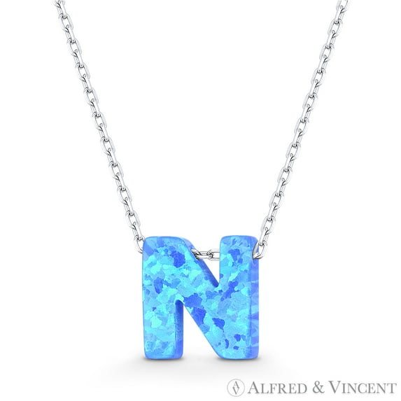 Blue Lab Opal Initial "N" Pendant w/ Anchor Chain Necklace in .925 Sterling Silver