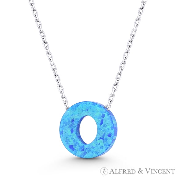 Blue Lab Opal Initial "O" Pendant w/ Anchor Chain Necklace in .925 Sterling Silver