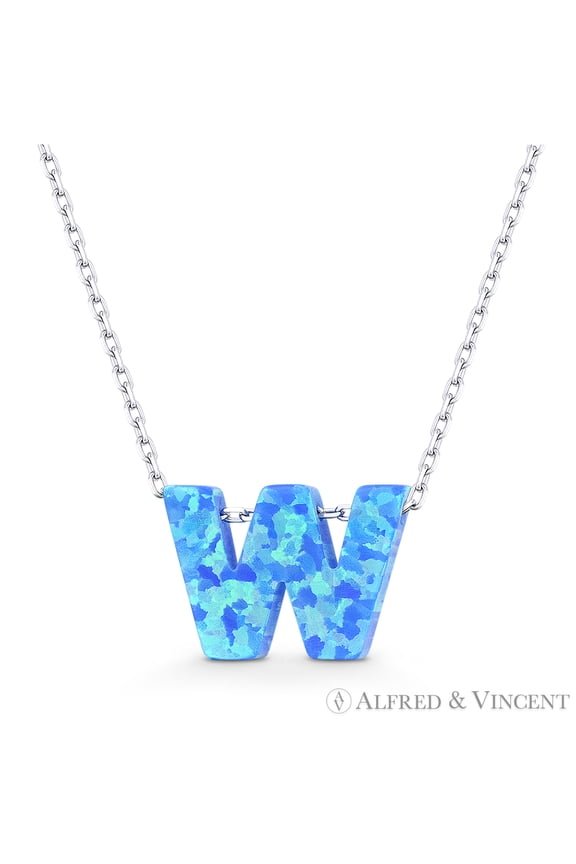 Blue Lab Opal Initial "W" Pendant w/ Anchor Chain Necklace in .925 Sterling Silver