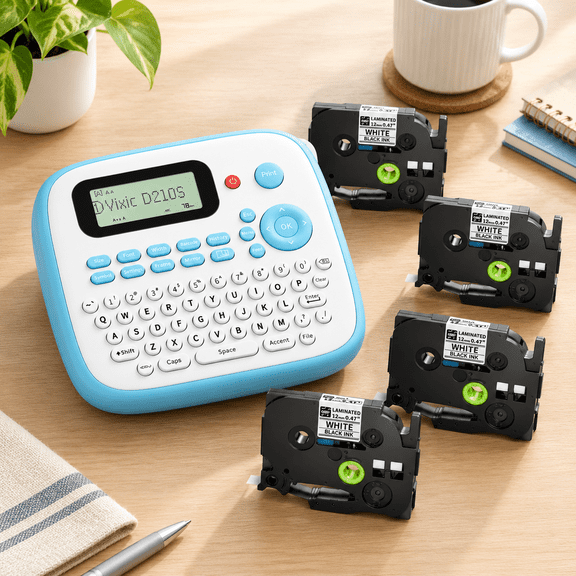 Blue Label Maker, Label Maker Machine with 4 Tapes, D210S Portable Labeling Tool