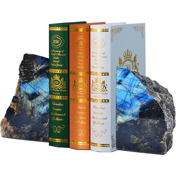 Blue Labradorite Bookends Heavy Duty Healing Crystal Stone Book Holders Decorative Book Ends Office Home Decor Small 1 Pair 2-3 Lbs