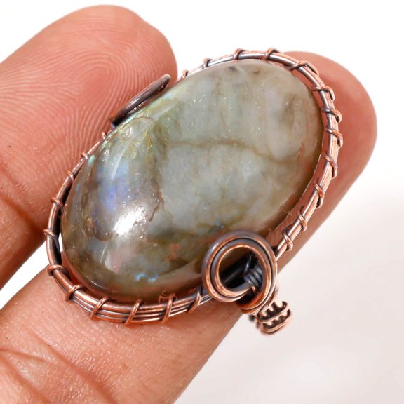 Blue Labradorite Gemstone Wire Wrapped Handcrafted Copper Jewelry Ring 11" SA 15
