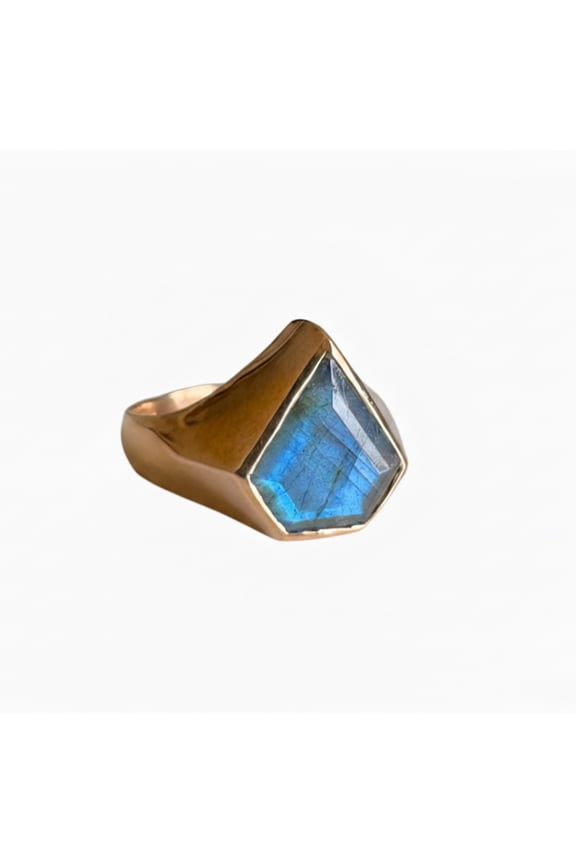 Blue Labradorite Signet Ring - Solid Pure Copper Jewelry, Blue Flash Diamond Shape Gemstone Ring