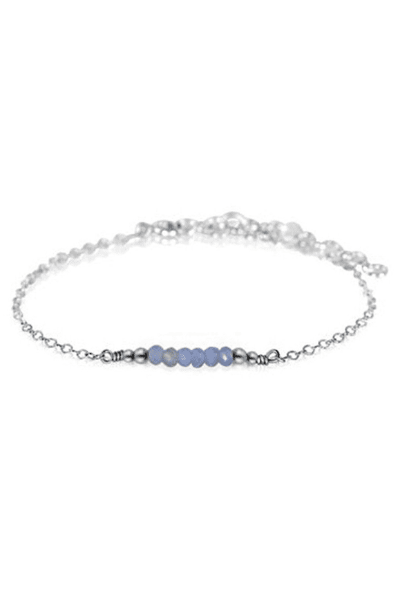 Blue Lace Agate 3mm Round Shape Faceted Cut Beads 7 inch adjustable Silver Plated Clasp Bracelet for men, women, unisex. Link Chain Stacking Bracelet.|LINK_01505