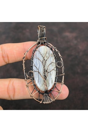 Tree Of Life Blue Lace Agate Pendant Gemstone Wire Jewelry Copper Wire Wrapped Pendant Handmade Pendant Tree Of Life Jewelry Gift For Mother