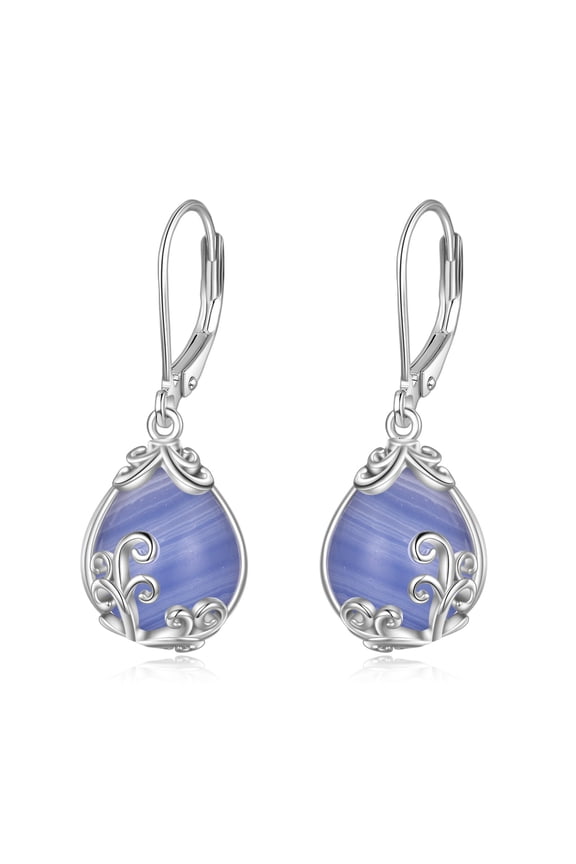Blue Lace Agate Filigree Teardrop Drop Dangle Earrings Sterling Silver Crystal Leverback Earrings Jewelry for Women