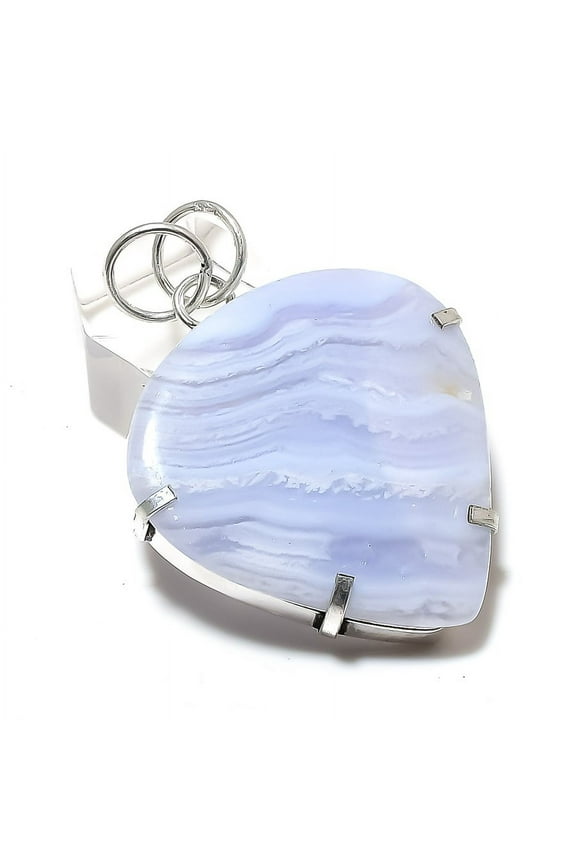 Natural Blue Lace Agate Gemstone 925 Sterling Silver Gift Pendant 2.09"
