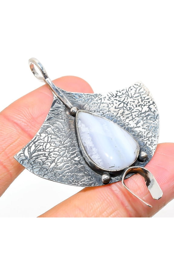 Natural Blue Lace Agate Gemstone 925 Sterling Silver Gift Pendant 2.56"
