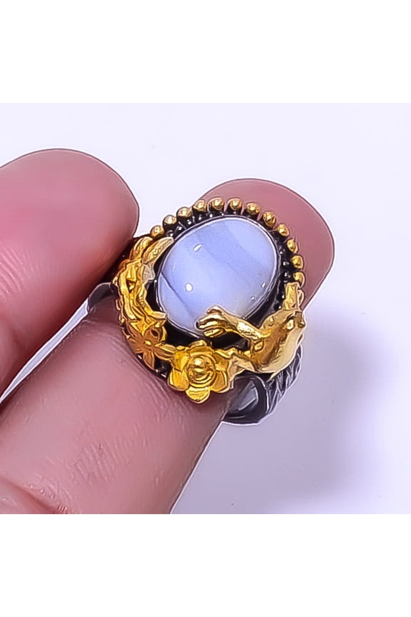 Blue Lace Agate - Namibia 925 Silver Plated Two Tone Designer Frog Ring 8 R19, Valentine's Day Gift, Birthday Gift, Beautiful Jewelry For Woman