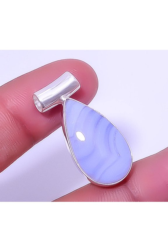 Blue Lace Agate - Namibia 925 Sterling Silver Solitaire Pendant 1.17" T19, Christmas Gift, Gemstone Silver Jewelry, Agate Pendant, New Year Sale