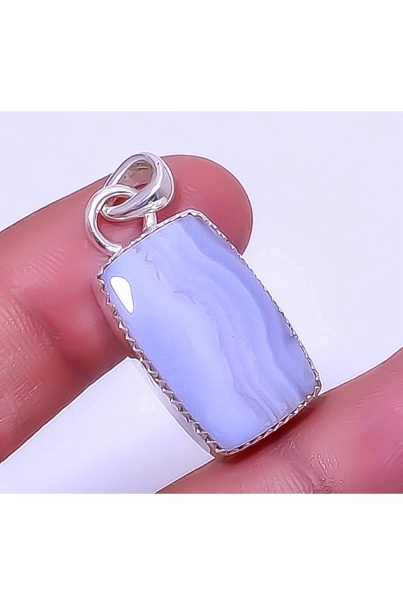 Blue Lace Agate - Namibia 925 Sterling Silver Solitaire Pendant 1.37" A313, Christmas Gift, Gemstone Silver Jewelry, Agate Pendant, New Year Sale