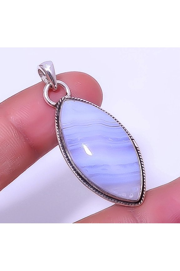 Blue Lace Agate - Namibia 925 Sterling Silver Solitaire Pendant 1.76" A37, Christmas Gift, Gemstone Silver Jewelry, Agate Pendant, New Year Sale
