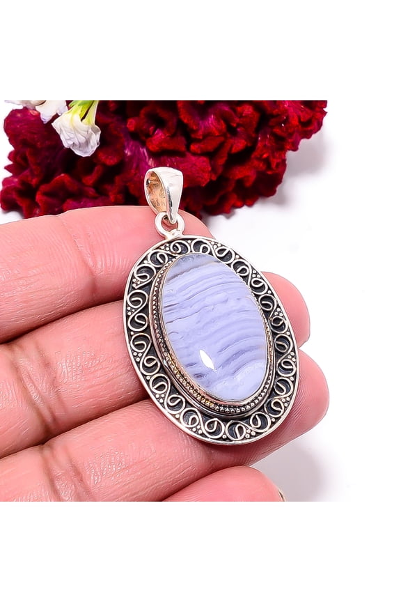 Blue Lace Agate - Namibia Designer Handmade 925 Sterling Silver Pendant 1.95" P99555, Christmas Gift