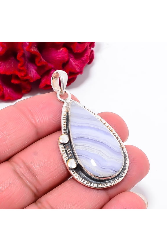 Blue Lace Agate - Namibia Gemstone 925 Sterling Silver Pendant 1.99" P101741, Christmas Gift